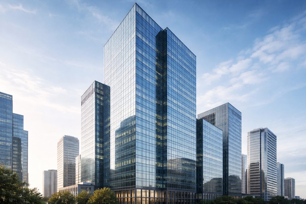 Nowoczesny szklany biurowiec w centrum miasta na tle jasnego nieba, elegancka architektura korporacyjna, perspektywa z poziomu ulicy.