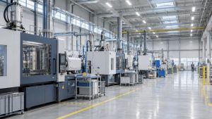 Nowoczesna hala produkcyjna z linią maszyn przemysłowych i szeroką aleją roboczą